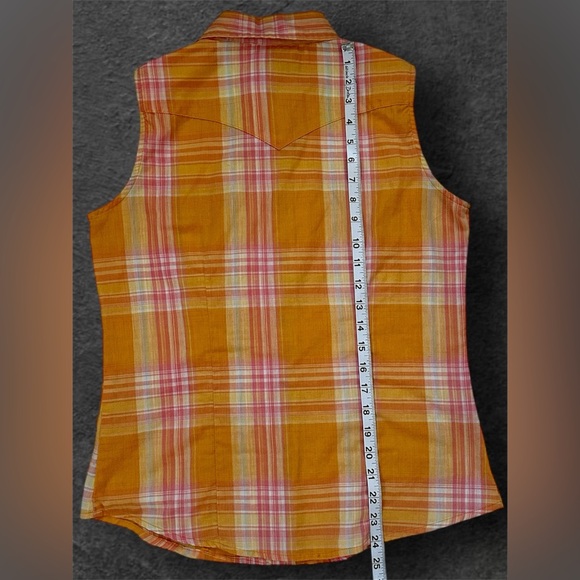 Wrancher Wrangler Plaid Orange Sleeveless Fitted Button Down Shirt - Size S - Picture 10 of 10